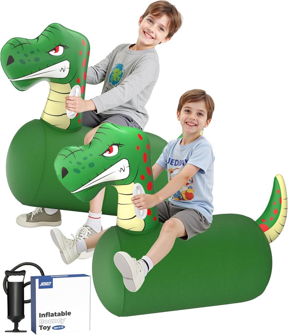JOSEN Bouncy Hopper Giant Dinosaur Ride On Toys, Inflatable Bouncing Animal Hopper with Hand Pump, Jumping Hopping Toys Up to 250lbs, Indoor Outdoor Bouncers for Teen Kids Girls Boys Ages 5+ (2 Pack)