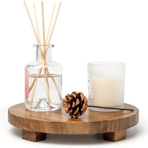 Zurklulu Round 9.4" Acacia Wood Decorative Tray – Farmhouse Wood Riser Pedestal Stand for Kitchen and Bathroom Decor, Counter Display, Vanity Tray (Medium, 9.4" Dia)
