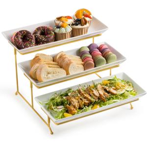 LYEOBOH 3 Tier Serving Stand and Platters Set Large Tiered Serving Platters with Collapsible Sturdier Rack 14 Inches Tiered Serving Tray for Appetizer Fruit, Dessert and Cupcake, White (Gold)