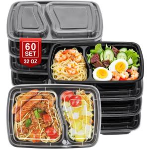 NEEBAKE 60 Sets 32oz Meal Prep Containers 2 Compartment  Plastic Food Storage Containers 2 Compartments with Lids