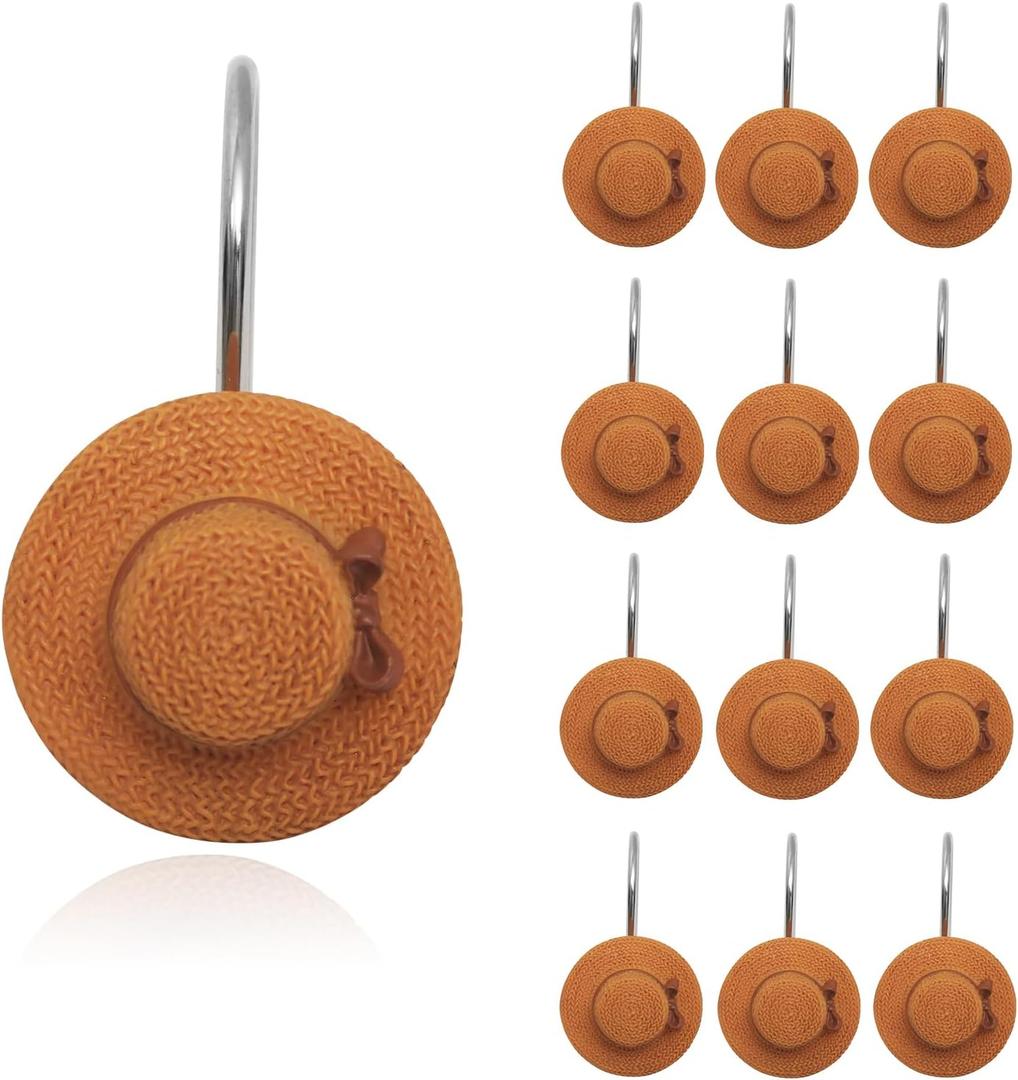 Straw Hat Shower Curtain Hooks Set of 12, Decorative Shower Curtain Rings with Durable Metal, Straw Hat Design Nautical Coastal Shower Hooks for Bathroom, Smooth Gliding Shower Hooks