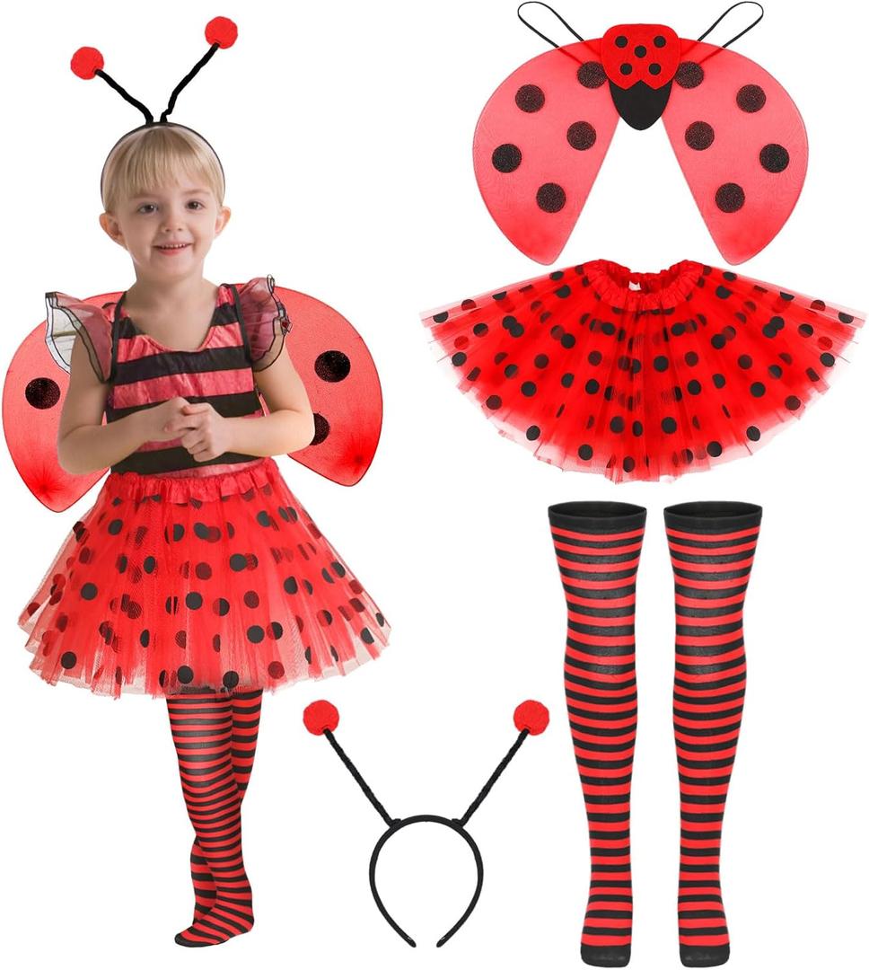 Newcotte 4 Pcs Halloween Girls Costume Includes Wings Tutu Headband Striped Tights for Kids Toddler Halloween