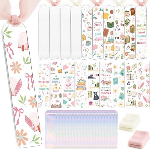 Dazoratix Book Lovers Acrylic Bookmarks - 45 Pcs Cute Acrylic Bookmark Blanks Clear Aesthetic Double-Sided Pastel Bookmark Making Kit UV DTF Transfer Stickers Yellow Pink Ribbon Women DIY Crafts Gifts
