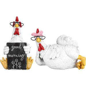Wesiti 2 Pack Rustic Rooster and Chicken Resin Statue Set Good Morning Chicken Figurine Farmhouse Resin Decor for Home Office Desktop Bookshelf Festival Gift