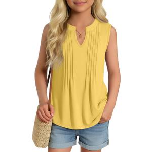 Ficerd Girl's Tank Tops V Neck Sleeveless Summer Shirts Kids Pleated Loose Blouse Dressy Casual Curved Hem Tees 5-14 Years