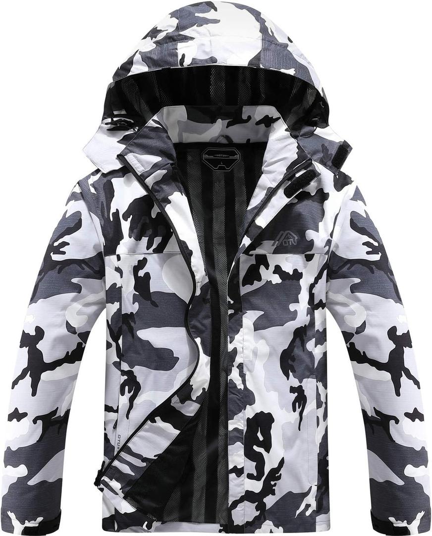 OTU Men's Lightweight Waterproof Hooded Rain Jacket Outdoor Raincoat Shell Jacket for Hiking Travel (Black Camo) S 