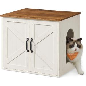 Feandrea Cat Litter Box Enclosure, Hidden Litter Box Furniture, Indoor Pet House End Table, 23.6 x 19.7 x 19.7 Inches, Rustic White and Honey Brown UPCL042W201