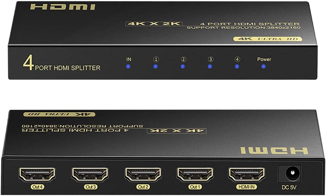 4K HDMI Splitter 1 in 4 Out, HDMI Splitter 1 Input 4 Output Support 4K 60Hz Full HD 1080P and 3D, Compatible with Xbox PS3/4 Roku Blu-Ray Player