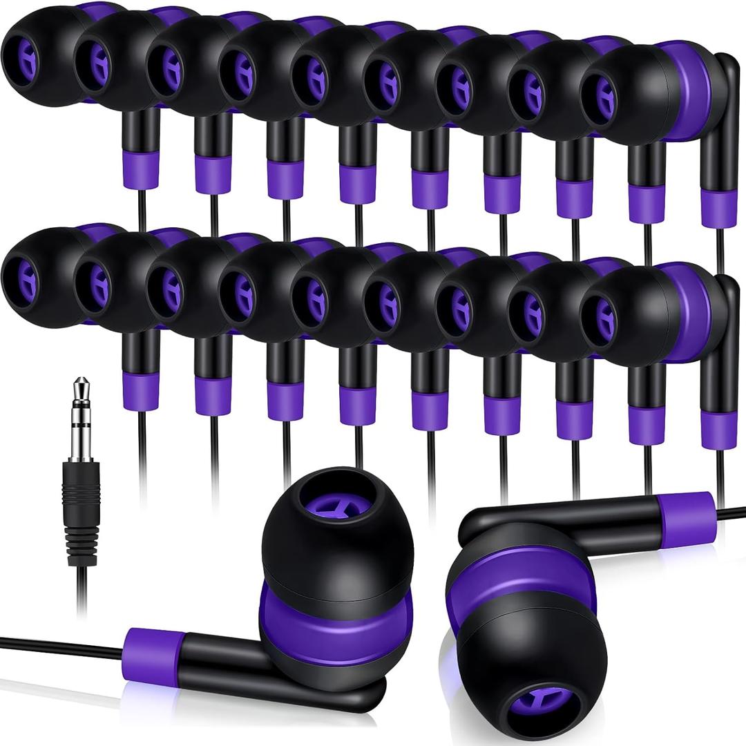 Kanayu 100 Pack Wired Earbuds Bulk for Classroom Ear Headphones Wired Basic Student Earbuds No Microphone with 3.5mm Jack for Class Laptop School Library, Individually Bagged (Purple)