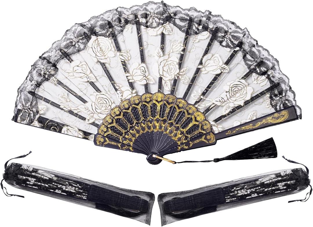 Sepwedd 30pcs Black Rose Lace Floral Folding Hand Fans Chinese retro folding fan Bridal Dancing Props Church Wedding party favors with Organza Bags
