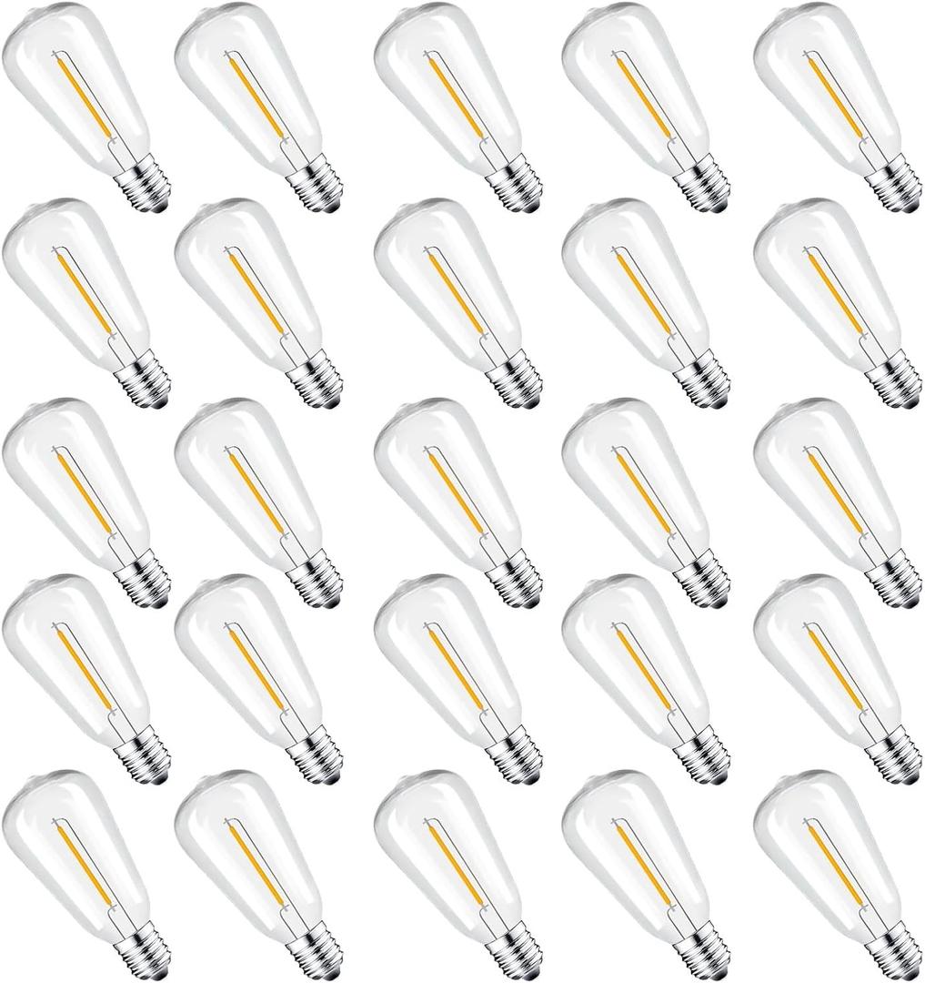25 Packs ST38 LED Edison Bulbs,0.6Watt E12 Base Small Vintage Light Bulbs Equivalent to 7W Incandescent, 2700K Warm White Bulbs for ST38 String Lights, Shatterproof, Waterproof, Dimmable, Not for Solar