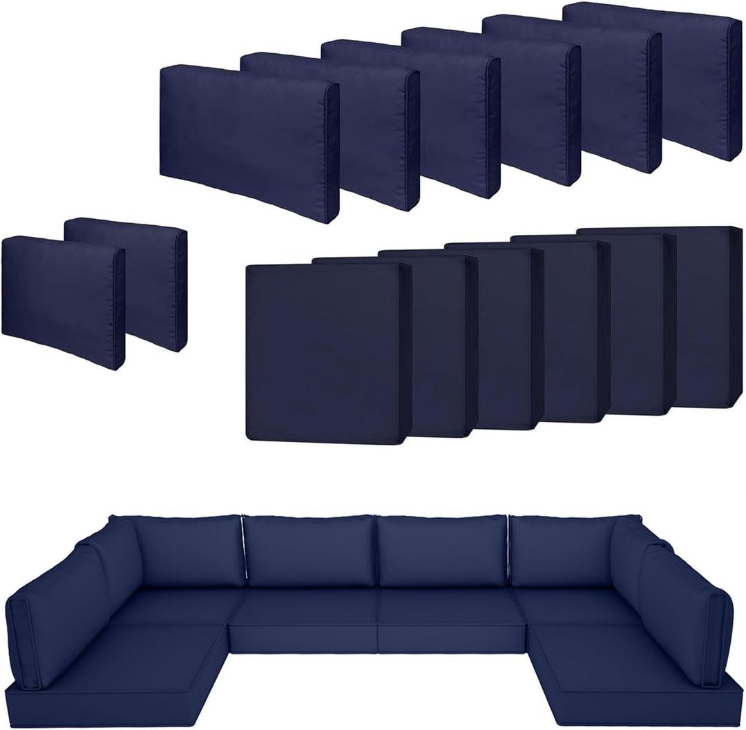 14 Piece Outdoor Patio Cushion Cover Replacement, Waterproof Patio Cushion Covers, Outdoor Furniture Cushion Covers Set for 6 Seat Wicker Rattan Sofa (Navy Blue, 25.6 * 25.6 * 4 inch)