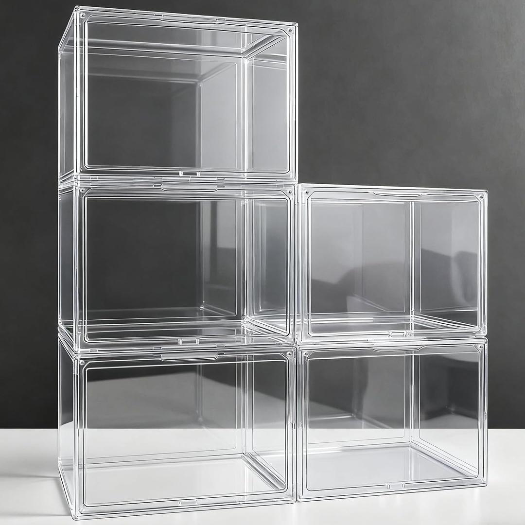 12 Pack Clear Shoe Box Size 15, X-Large Acrylic Purse Display Case with Magnetic Lid Stackable Storage Bins for Shoes, Large Figures Collectibles, Handbag, Cosmetics, Craft Showcase