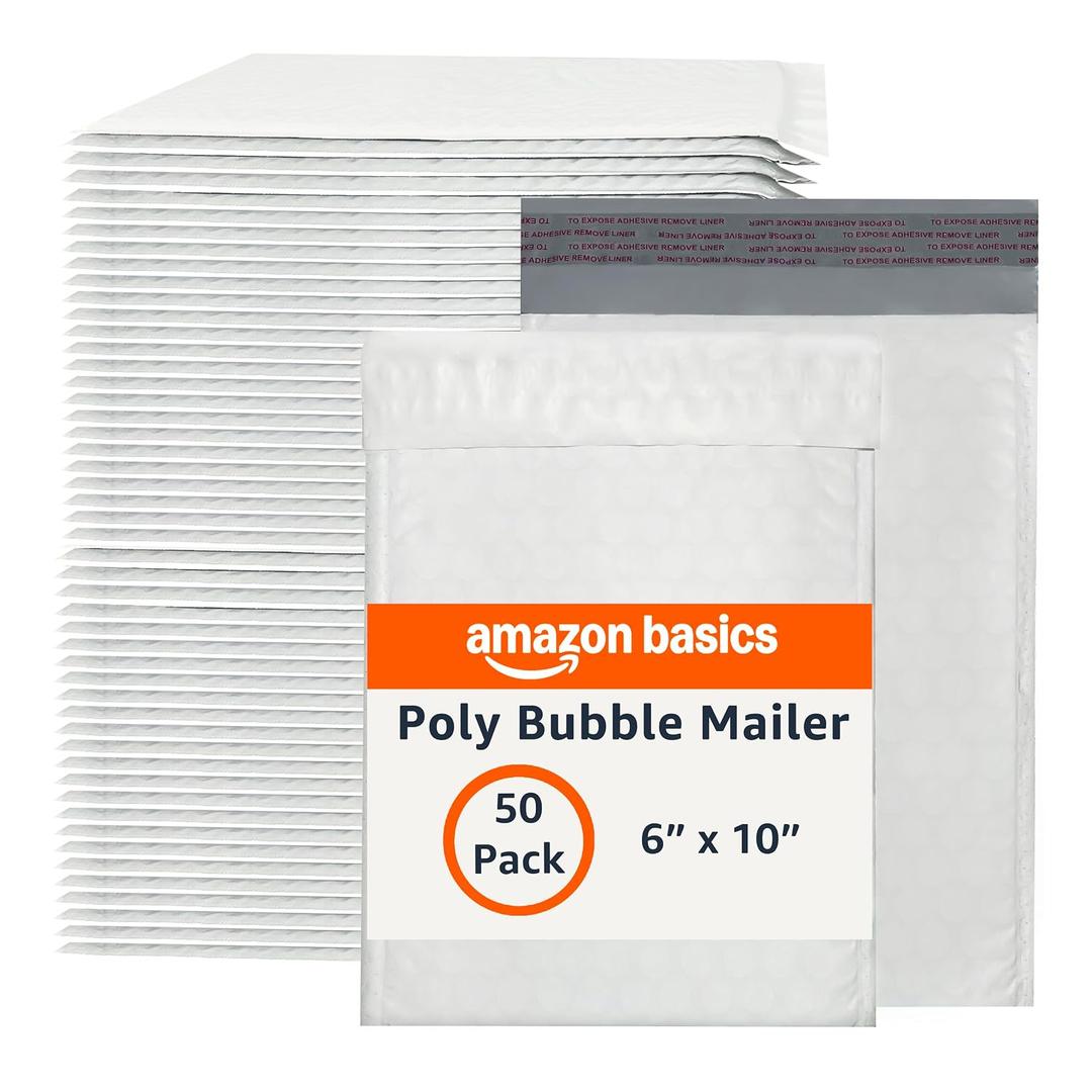 Amazon Basics Poly Bubble Self-Seal Mailers, Tear and Water Resistant Shipping Bags, 6" x 10", White/Grey, 50-Pack
