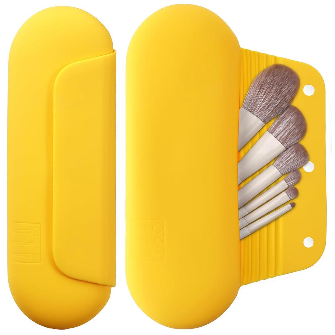 Silicone Makeup Brush Holder Travel Cosmetic BagSoft Portable Cosmetic Face Brushes Holder with Upgrade Anti-Fall Out Magnetic Closure, Large Travel Makeup Brush Case - Yellow
