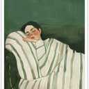 Contemporary Woman Lying on Couch Wall Art Eclectic Emerald Green Posters Minimalist Stripe Decor Modern People Canvas Prints Boho Feminist Aesthetic for Large Living Room Bedroom 12x16in Unframed