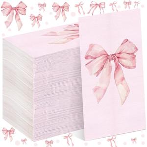 Janlaugh 100 Pack pink Bow Cocktail Napkins Disposable Folded Paper Towel Bow Party Supplies for Birthday Bridal Shower Bachelorette Bathroom wedding Engagement Decoration