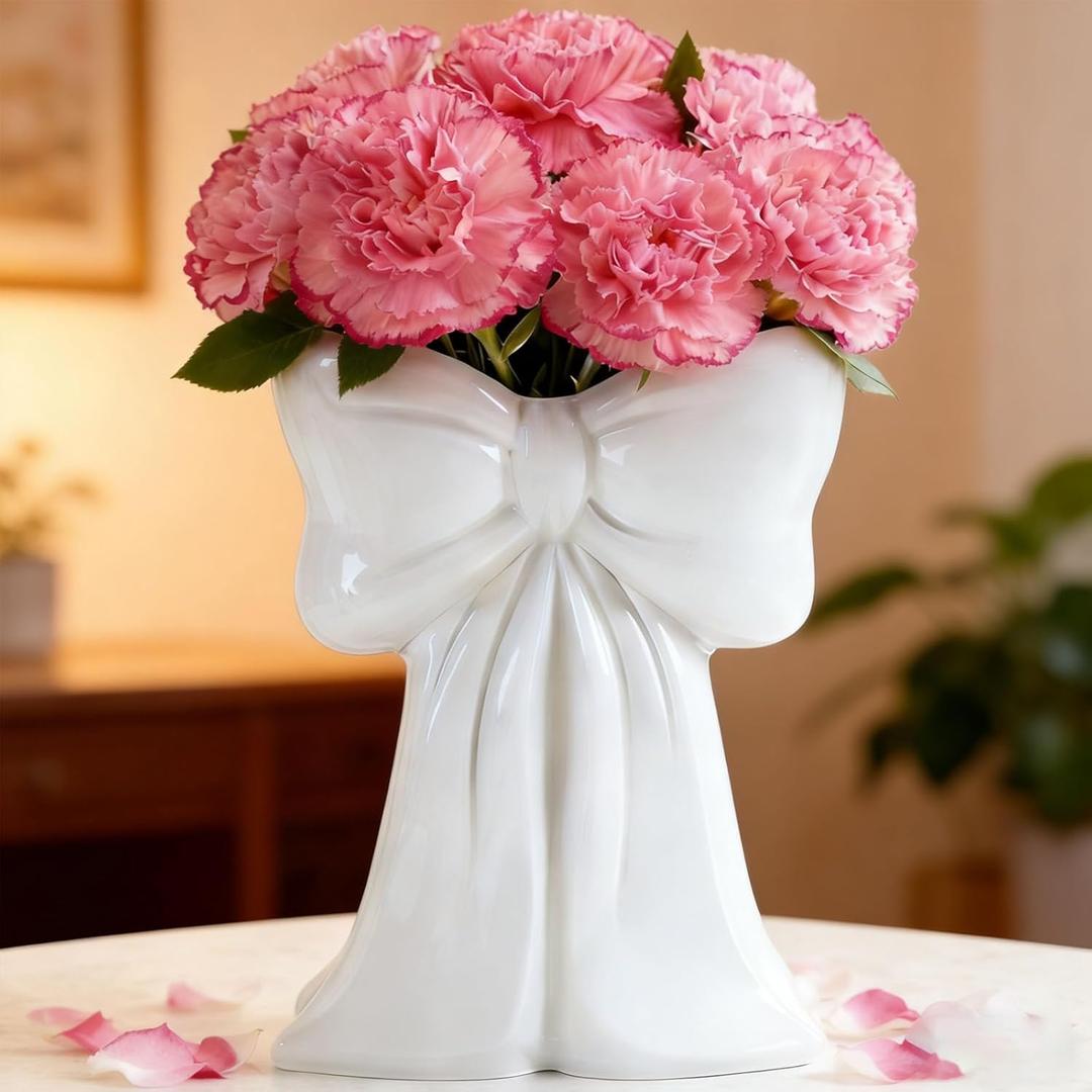 White Bow Vase Ceramic Cute Vase Decorative Minimalist Flowers Tulip Pampas Grass Flower Modern Home Decor for Table Bathroom Shelf Centerpieces