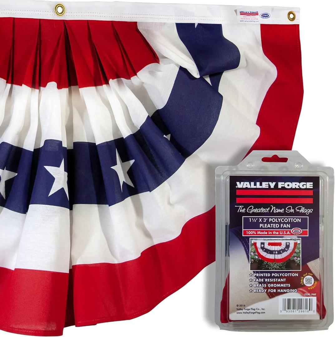 Valley Forge American Fan Flag 1.5' x 3' Polycotton Sentinel 100% Made in U.S.A. Stars and Stripes Bunting Canvas Header Brass Grommets Model PMF