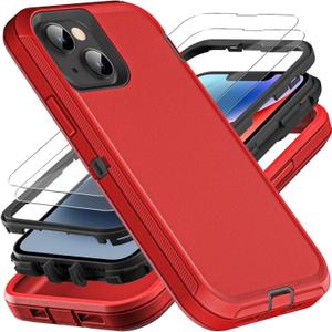YKHJKLEC for iPhone 13/iPhone 14, Military Grade 3 in 1 Heavy Duty Shockproof/Drop Proof/Dust Proof Case with 2Pcs Tempered Glass Screen Protector (Red/Black)