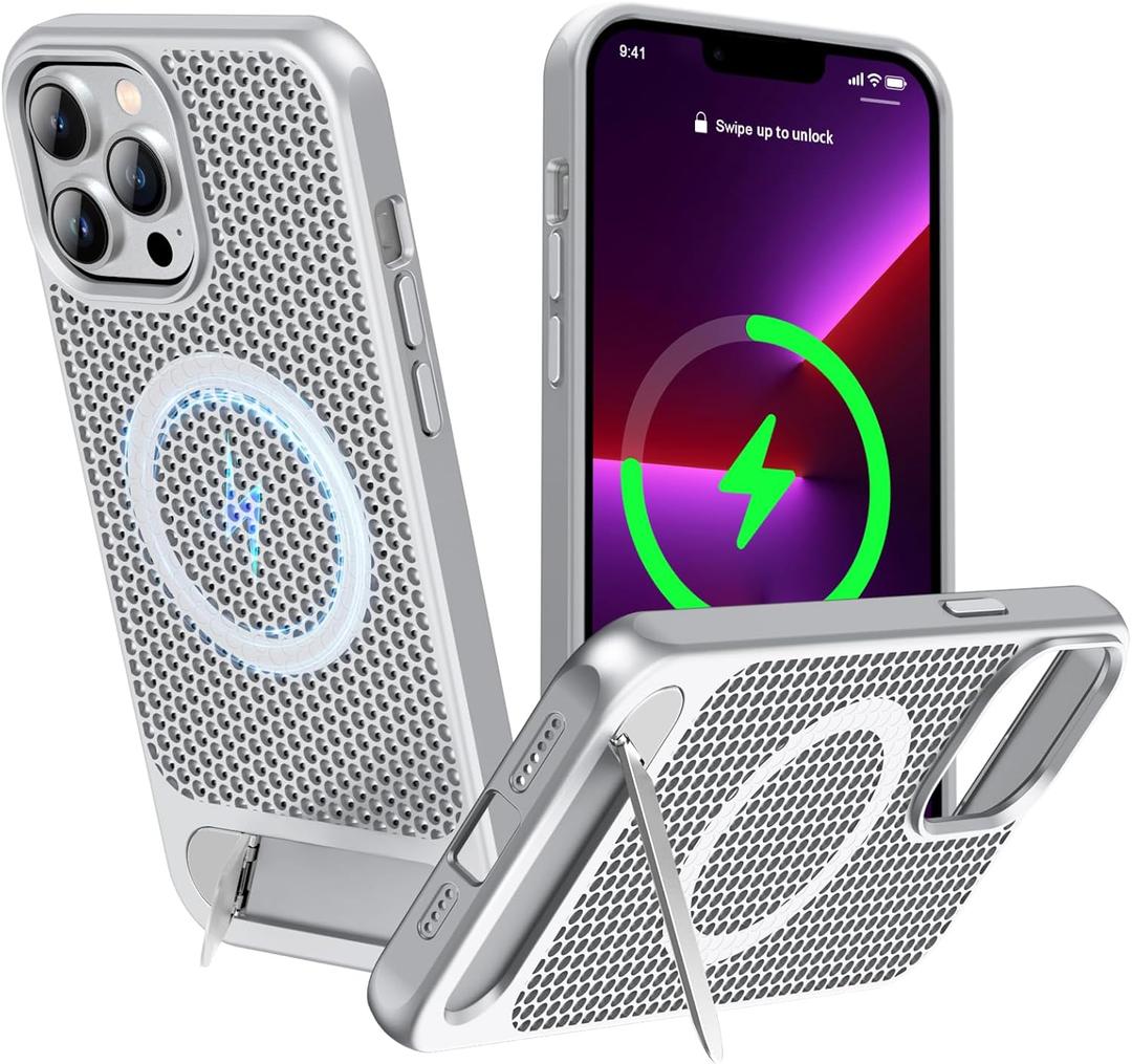 for Magnetic Heat Dissipatio case for iPhone 13 Pro Max, for MagSafe, Cooling Drop Protection, Adjustable Kickstand case, Ice Armour Cool Matte Material - Silver