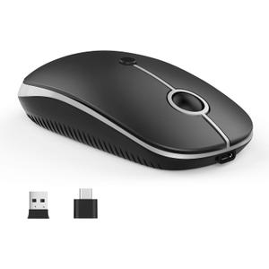 VssoPlor Type C Wireless Mouse, USB C MacBook Wireless Mouse Dual Mode Cordless Mice with USB and Type C Receiver Compatible with PC, Laptop, MacBook and All Type C DevicesBlack and Silver