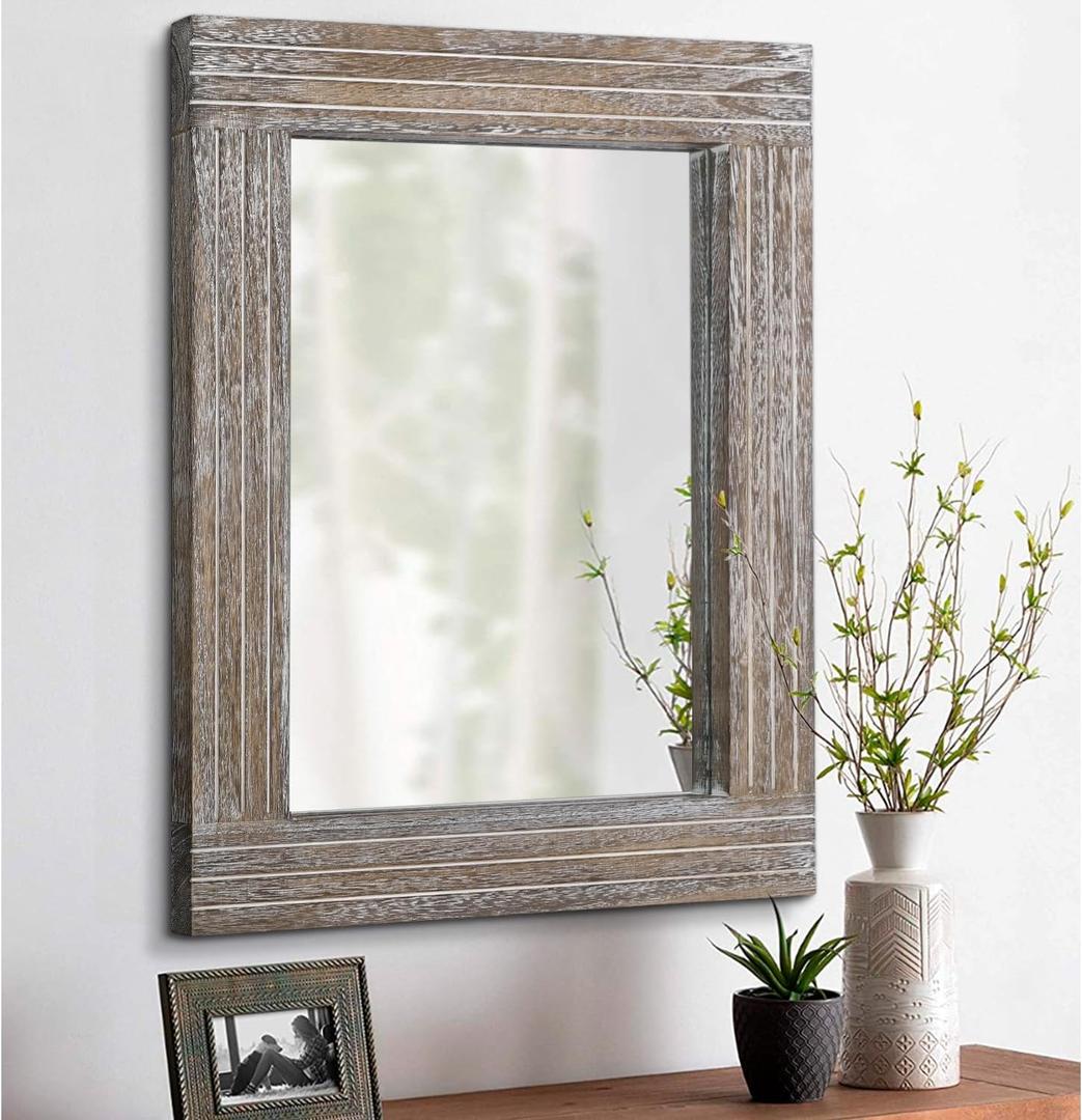 Wall Mirror Rustic Wooden Frame Rectangle Mirror Vintage Hanging Mirror for Bedroom Bathroom Living Room Farmhouse Wall Decor Large 26" x 18" (Walnut)