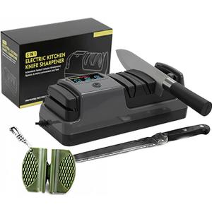 5-in-1 Electric Knife Sharpener for Kitchen Knives, with 100% Diamond Abrasives, 3 Adjustable Speeds, Quickly Sharpening for Straight/Serrated/Kitchen Knives, Scissors (Gray)