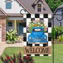 Garden Flag 12x18 Double-Sided Spring Decoration Vintage Blue Truck with Colorful Flowers, Welcome Checkered Backdrop Sign for Seasonal Yard and Outdoor Dcor