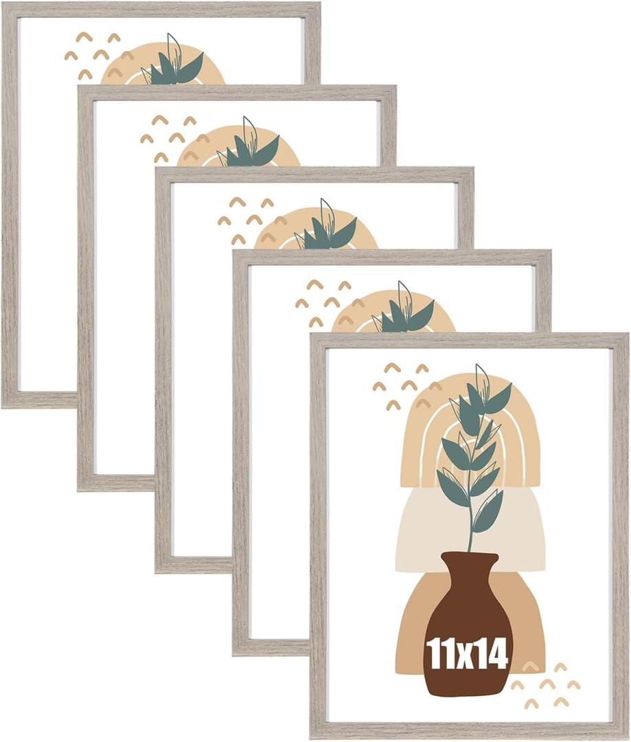 kennethan 11x14 Picture Frame Gray Set of 5, Wooden Poster Frame for Wall Mounting Display for Home, Office,Gallery,Holiday with Photos, Posters, Puzzles