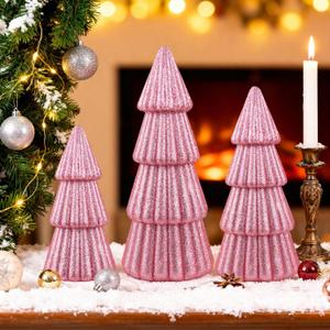 Artmag Set of 3 Christmas Tree Decorations Indoor, Glittering Modern Christmas Tree Decor Tabletop Entryway Table Mantel Centerpiece for Holiday Party (Pink)