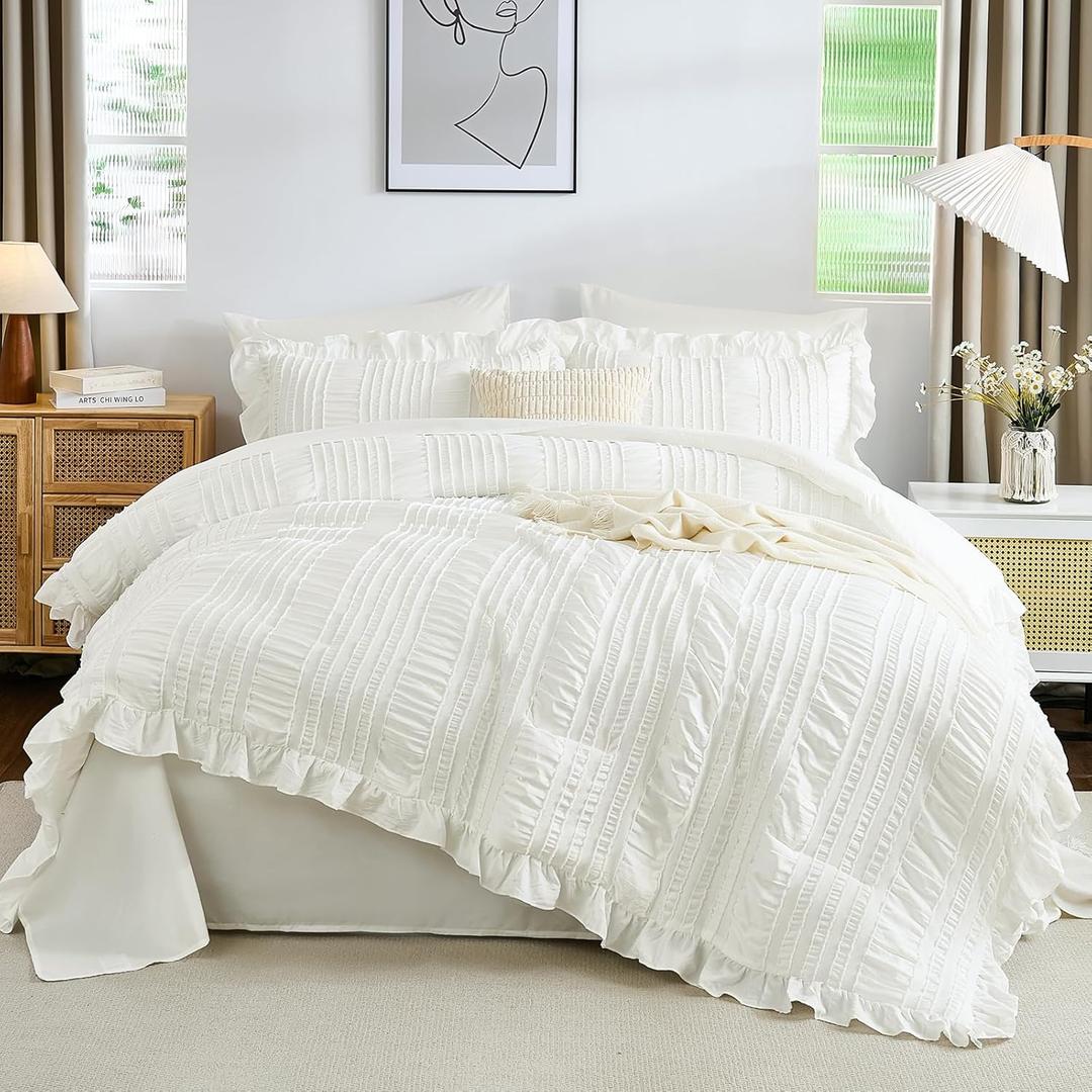 WONGS BEDDING White Comforter Set King,7 Pieces Ruffle Comforter Set with Sheets,Textured Bed in a Bag for King Bed 104"90"