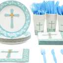 Juvale 144 Baptism Decorations Party Supplies - Blue, Includes Disposable Paper Plates, Napkins, Cups, & Cutlery, For Easter Party, Baptisms, First Communion, Christening & More, Serves 24