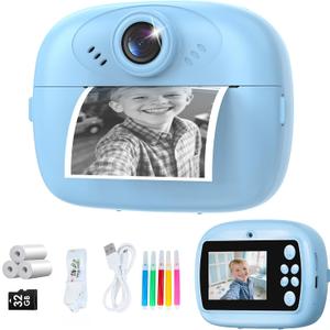 Kids Instant Print Camera,1080P Video Instant Camera for Kids with 32GB SD Card, Toy Camera Christmas Birthday Gift for Girls Boys Age 3 4 5 6 7 8 9 10, Christmas Stocking Stuffers,Blue