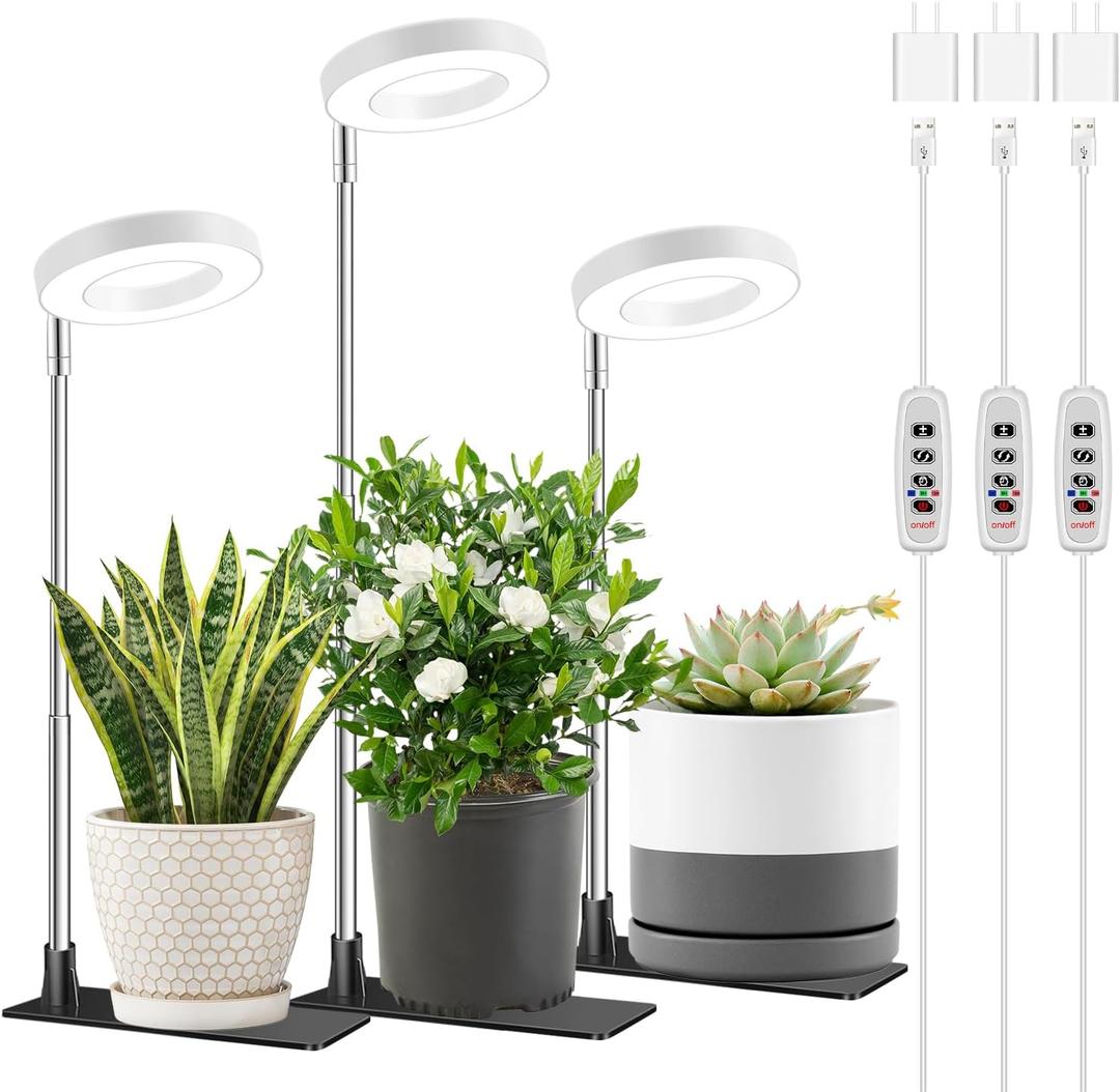 Aokrean Grow Light, Full Spectrum Plant Lights for Indoor Growing with with 3/9/12H Timer, 3 Color Modes, 10 Brightness, 6.5"-26" Height Adjustable Halo Grow Light with Base, 3 Pack(3.4in)