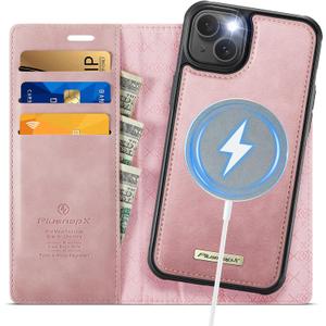 Wallet Case for iPhone 14 Compatible with Magsafe, 2-in-1 PU Leather Flip RFID Blocking Card Holder Stand Shockproof Magnetic Detachable Cover for iPhone 14 Case 6.1", Pink