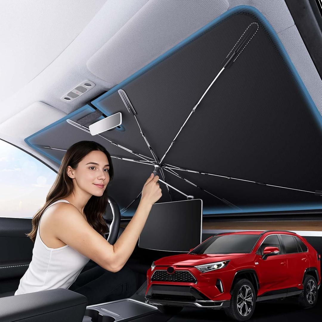 Zanch 2025 Upgraded Car Windshield Sun Shade [Cool Down by 75 ] with Heat Insulation Coating, Foldable Sunshade Umbrella Flexible Handle & Ribs, Medium (57''x32'') for Car, SUV, Truck, Van