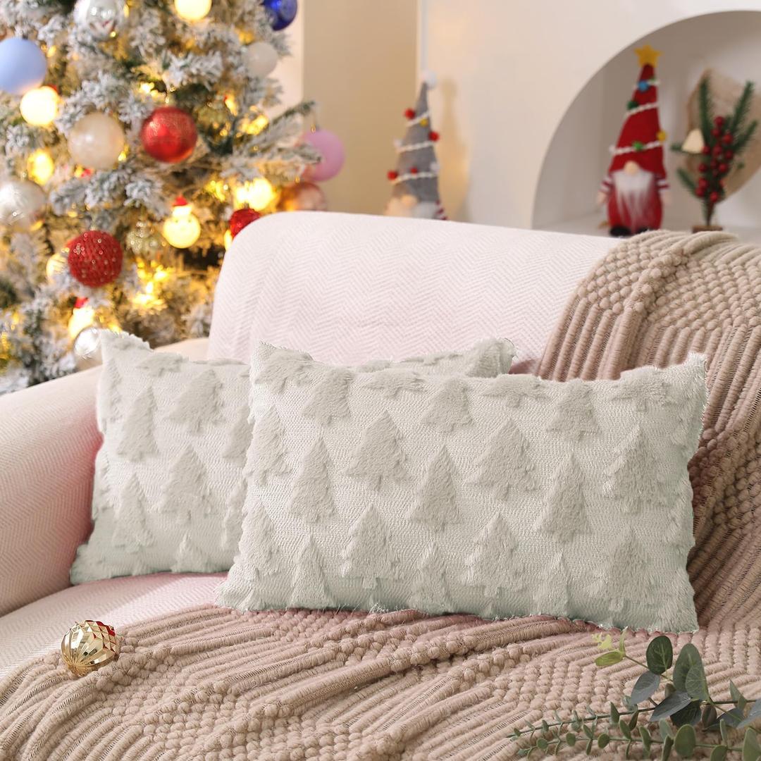 DFXSZ Christmas Tree Pillow Covers 12x20 inch Set of 2 Christmas Decoration Cream White Soft Plush Faux Fur Jacquard Throw Pillows for Bedroom Sofa Holiday Festivals Winter Home Decor PTK006E12