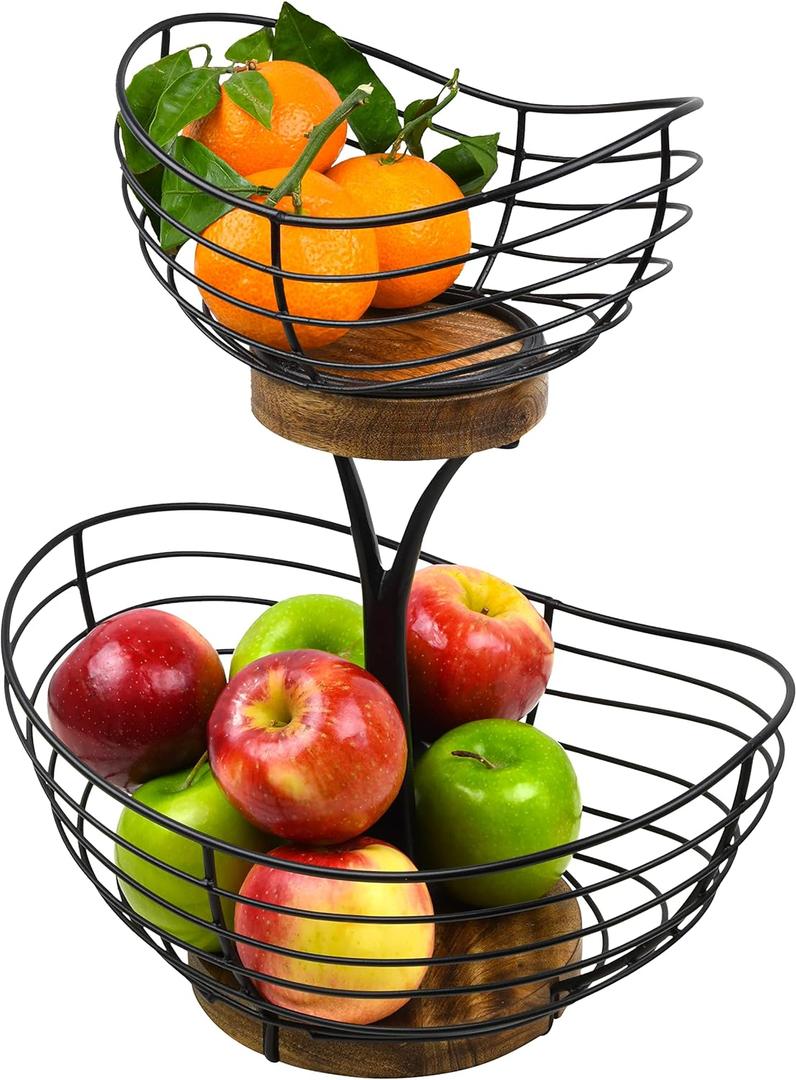 Modern Farmhouse 2 Tier Fruit Basket for Kitchen Counter, Vintage Wire and Wooden Base Fruit Bowl / Stand for Kitchen countertop Decor - Double Tree Fruit & Vegetables Basket
