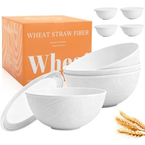 Wheat Straw Bowls Set 40 OZ, Unbreakable Bowls with Dust-Proof Lids Set of 4, Microwave & Dishwasher Safe, Alternative Reusable Plastic Bowl for Cereal, Soup, Salad and Ramen, White