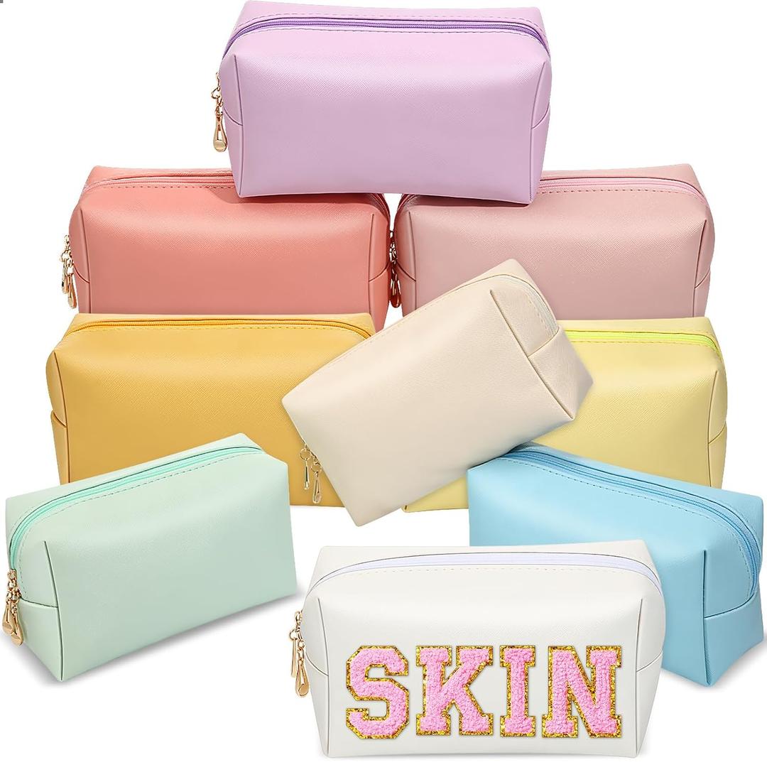 Sanwuta 9 Pcs Makeup Bags Bulk PU Double Zippers Cosmetic Bag Makeup Toiletry Small Pouch Portable Travel Organizers Case for Women Bridesmaid Proposal Gifts(Macaron Colors)