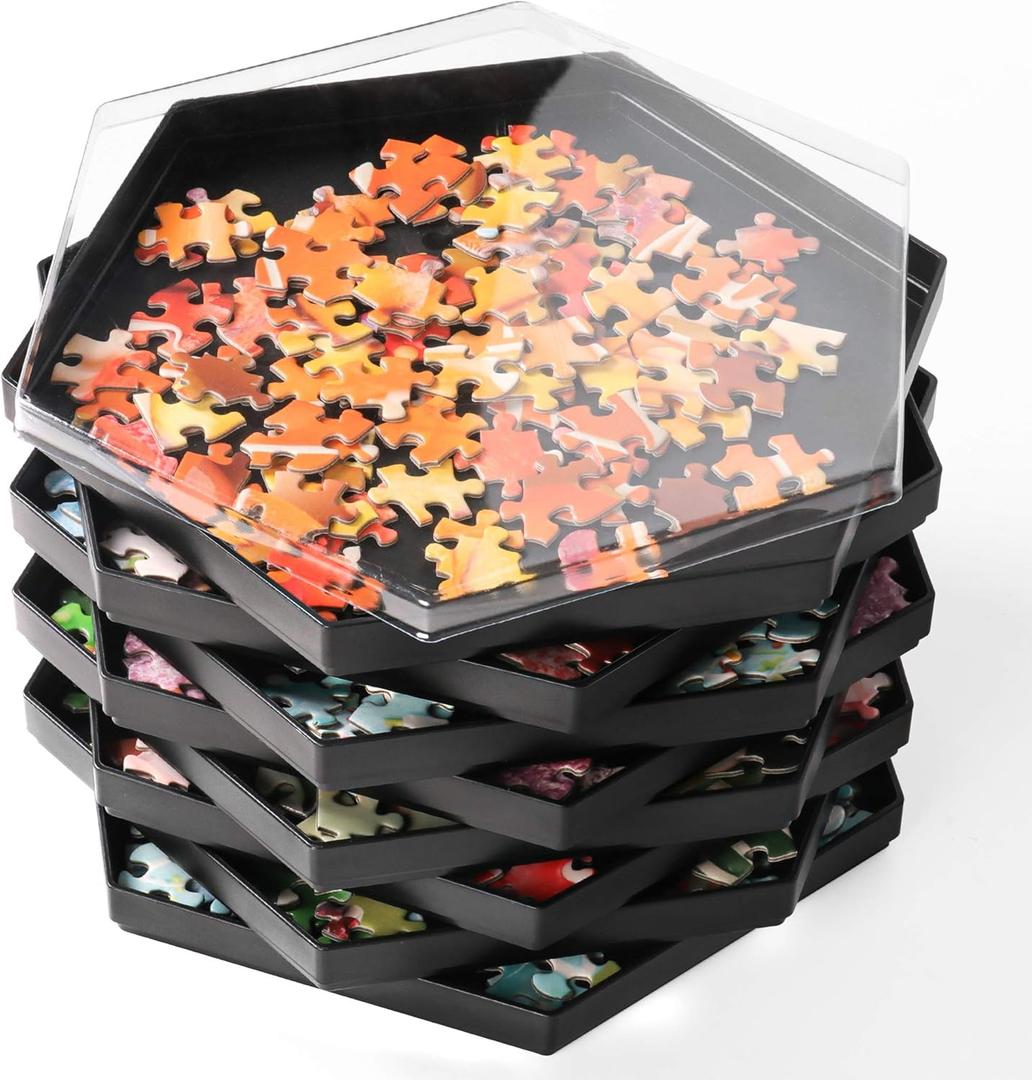 Becko US Stackable Puzzle Sorting Trays Jigsaw Puzzle Sorters with Lid Puzzle Accessory for Puzzles Up to 1500 Pieces, 8 Hexagonal Trays (Black)