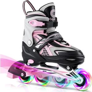 Gonex Inline Skates for Girls Boys Kids, Adjustable Skates Outdoor Blades Inline Roller Skates for Children Teens Women with Light Up Wheels for Indoor Outdoor Backyard Skating, Pink, L