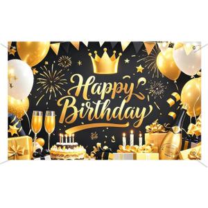 Happy Birthday Sign Backdrop 71x43 for Photography Background Black and Gold Balloon Party Backdrops Birthday Photo Studio Banner Background Decorations for Men Women