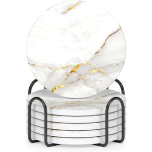 Nipichsha Coasters for Drinks, Set of 6 Cute Absorbent Ceramic Drink Coasters for Cup with Holder and Cork Base, Kitchen Home Decor Housewarming Gift, Round 4 in, Gold White (Luxury White Gold Marble 02)
