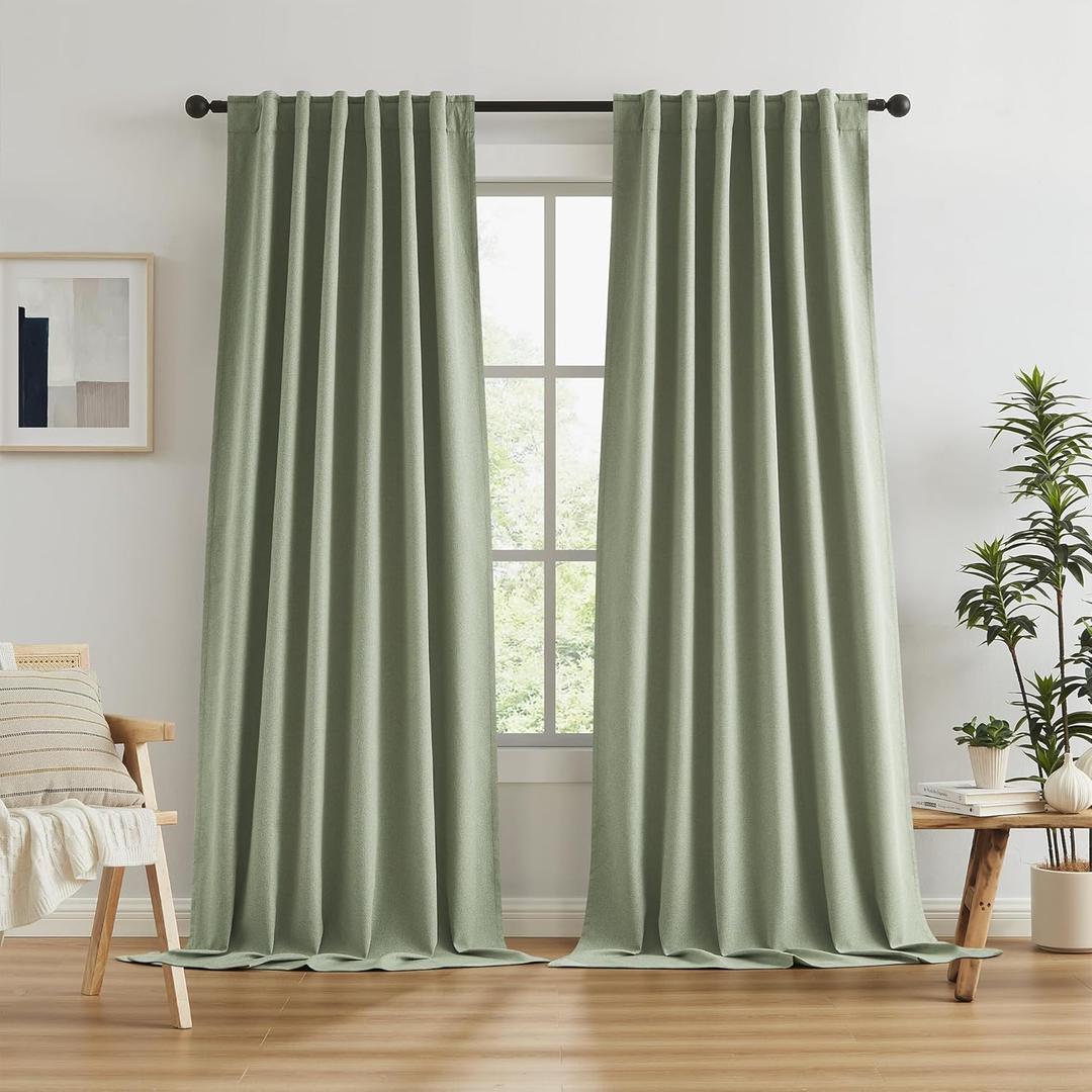 KEQIAOSUOCAI Blackout Linen Curtains 108 Inches Long, Back Tab Loop Pocket Hook Belt Long Vertical Drapes for Living Room Large Windows 50 x 108 Inch, 2 Panels, Sage Green