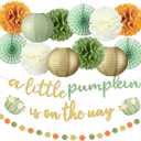 Pumpkin Fall Thanksgiving Baby Shower Decoration 15 Pcs a Little Pumpkin is on The Way Banner Tissue Pom Poms Paper Lantern Fan for Birthday Baby Shower Gender Reveal Party Decor(Green)