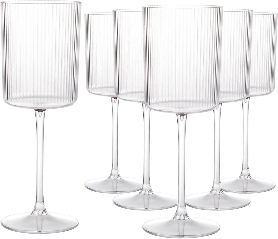 Ciaell 12 PCS Plastic Ribbed Wine Glasses - 10 OZ Plastic Square Wine Glasses with Stem - Disposable Champagne Cups for Parties & Weddings & Party (Clear)