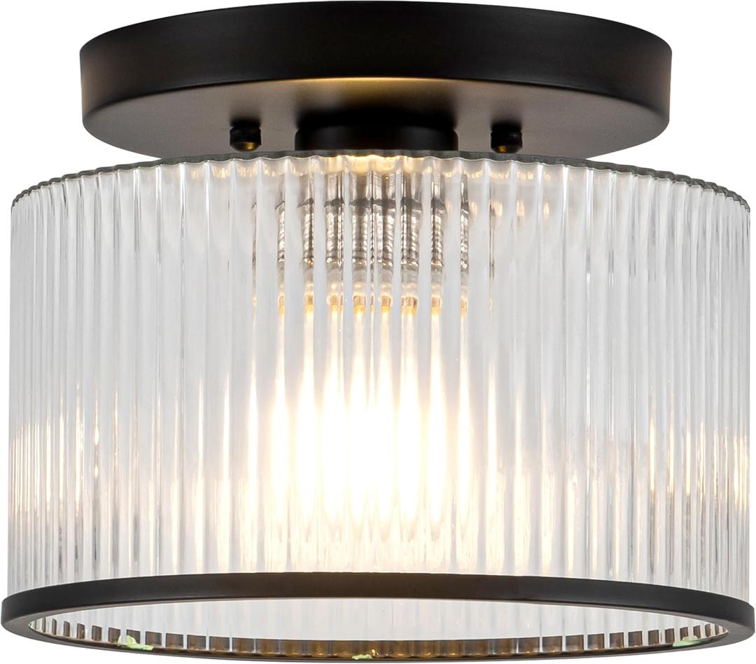 Glass Ceiling Light, Clear Ribbed Glass Ceiling Light Fixture with Black Metal Frame, Modern Semi Flush Mount Ceiling Light for Hallway, Bedroom, Bathroom, Entryway, Kitchen