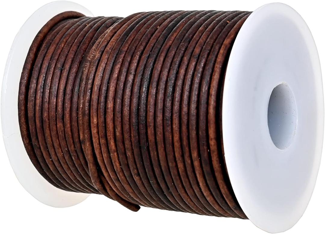 GENIQUE Real/Genuine Round Leather Cord for Jewelry Making, Leather String Cord for Crafting, Necklace, Bracelets, Braiding, Wraps (2mm, Antique Brown Distressed)